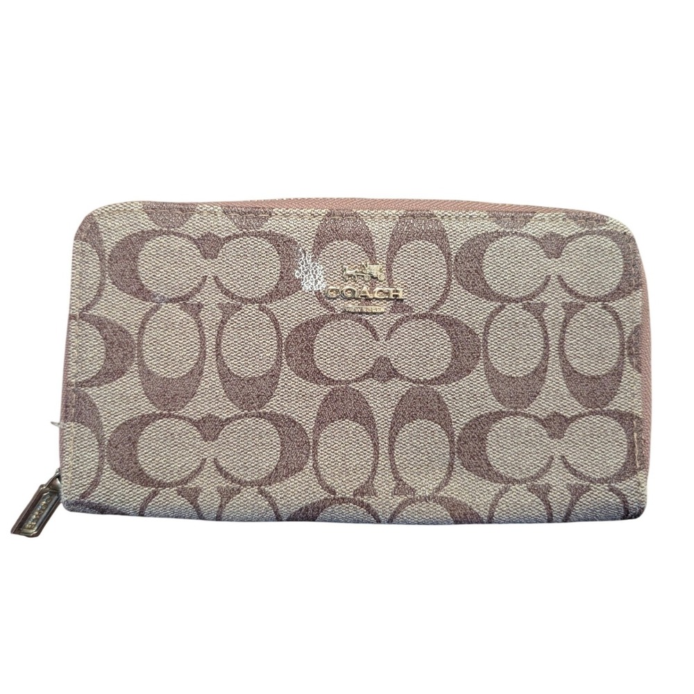 Coach Signature Monogram Zip Around Long Wallet Mauve Brown Gold Tone Hardware